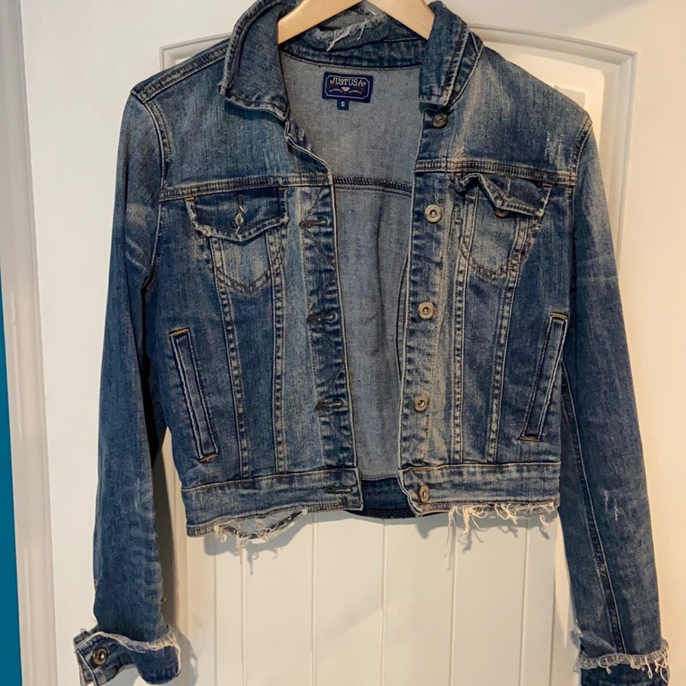 Distressed jean crop jacket